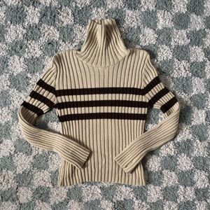 Rave Cream and Brown Striped Turtleneck Sweater